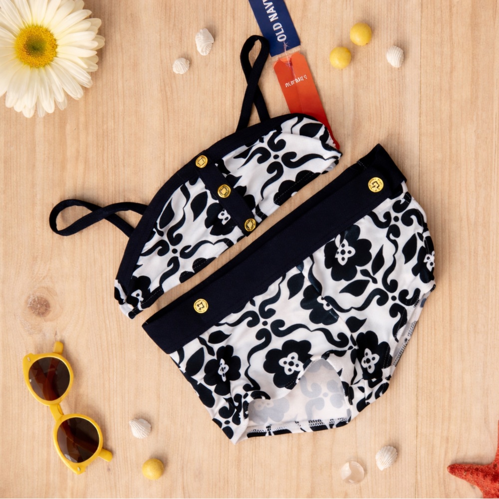 Old Navy Black White Floral Bikini Set Girls 3T NWT Retro Swimwear Cute Beach